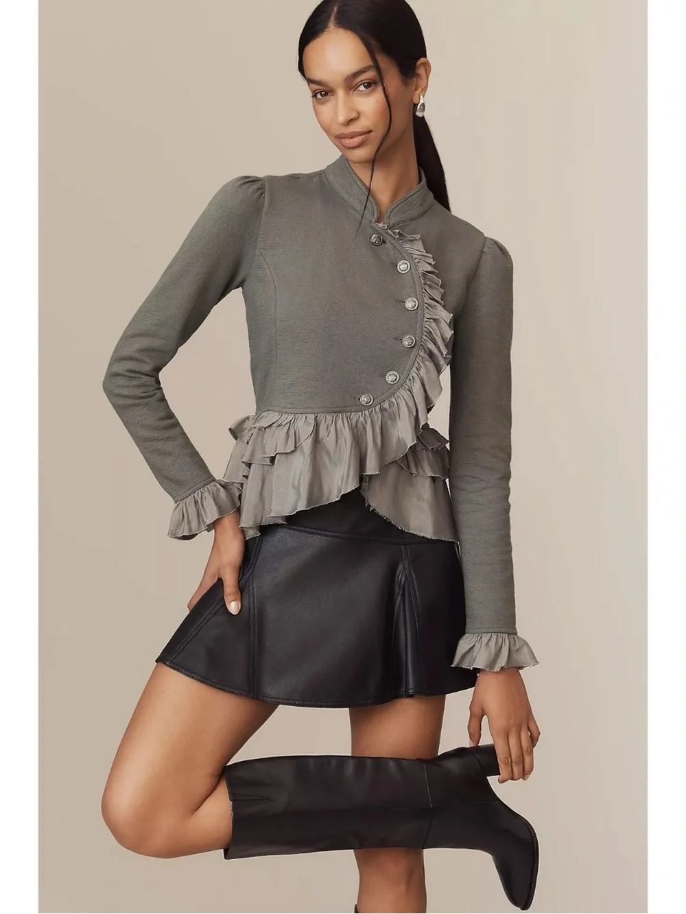Anthropologie Curved Ruffle Military Cardigan Top Jacket Army Green Large NWT - Picture 14 of 16